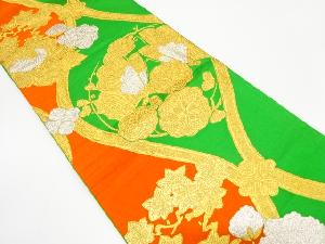 アンティーク　立涌に蝶・梅・牡丹模様織り出し袋帯（着用可）